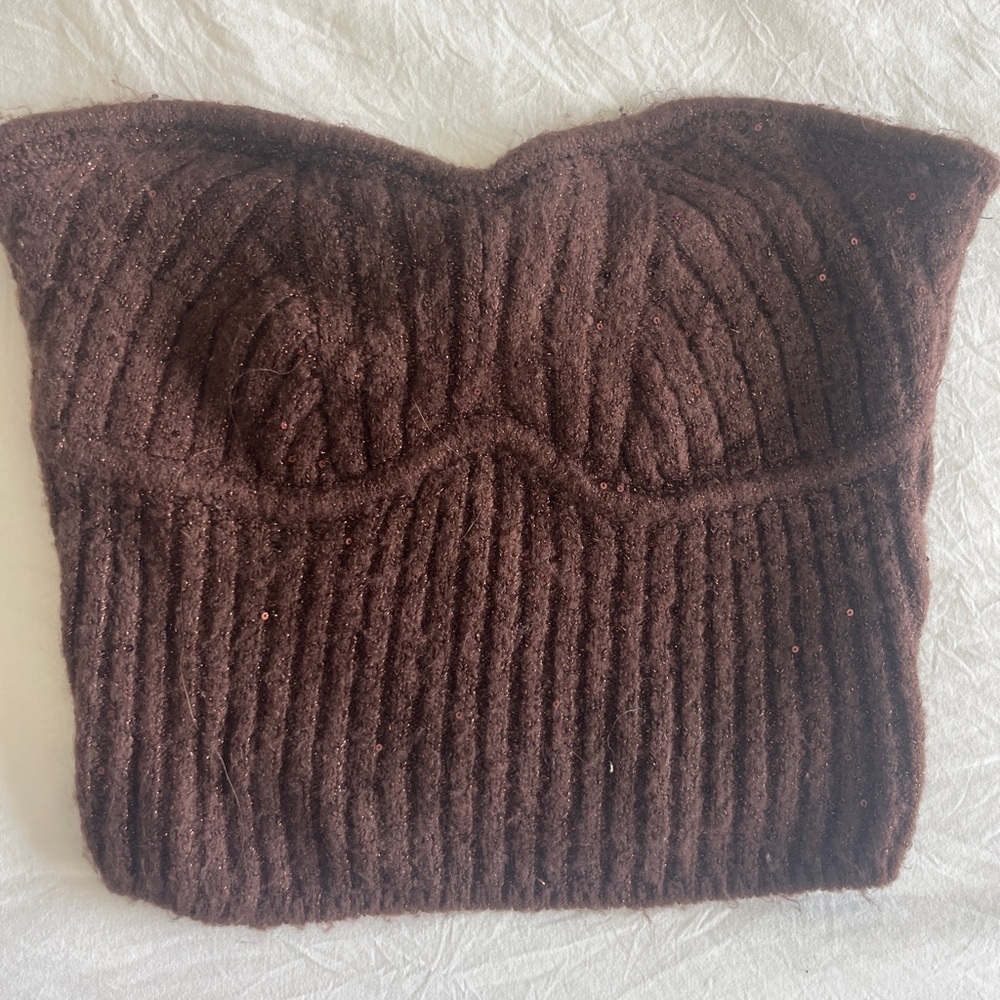Free People Brown Off-the-Shoulder Cable Knit Sweater